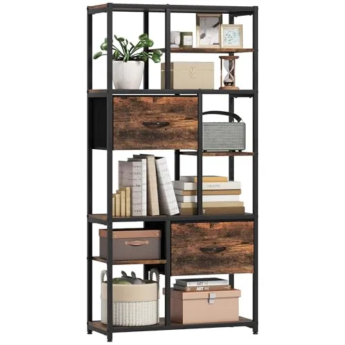 HOMCOM Bücherregal mit 2 Stoffschubladen und 9 offenen Fächern - Stilvolles Standregal mit industriellem Design: 2 geräumige Stoffschubladen und 9 Fächer für eine ordentliche Aufbewahrung. Stabiler Stahlrahmen, geeignet für Wohnzimmer, Büro oder Schlafzimmer.