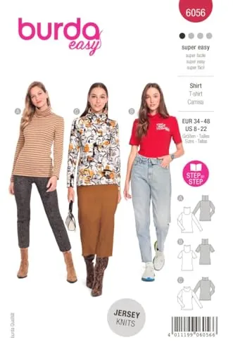 burdastyle Style Katalog-Schnittmuster Shirtvariationen zum selber nähen Damen, Gr. 34-48 Nählevel: Super Leicht #6056 B6056 weiß