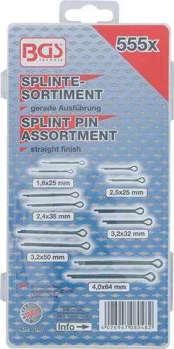 Splinte-Sortiment gerade Ausführung Schraubensicherung BGS technic 555 tlg.
