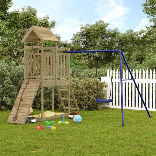 vidaXL Spielturm aus kesseldruckimprägniertem Kiefernholz - Schaffe einen Abenteuerspielplatz im eigenen Garten! Dieser robuste Spielturm bietet eine Kletterwand, Rutsche und Sandkasten für endlosen Spielspaß. Ideal für Kinder von 3-8 Jahren.