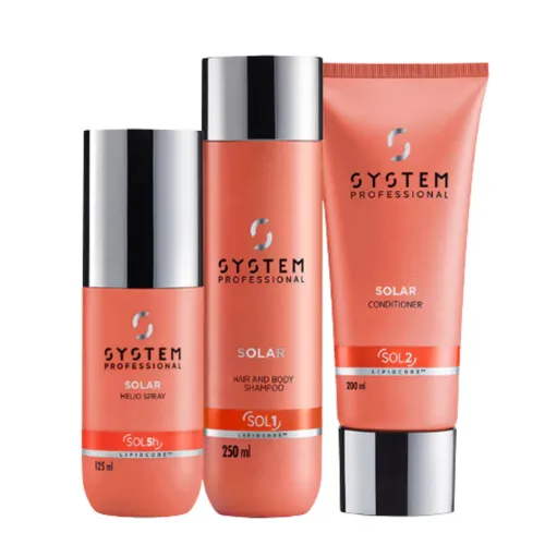 System Professional Solar Set Shampoo Conditioner Helio Spray - Pflegeset für alle Haartypen, inklusive Shampoo, Conditioner und Spray. Ideal für die tägliche Anwendung, sorgt für intensive Pflege und Feuchtigkeit. Perfekt für farbige und strapazierte Haare.