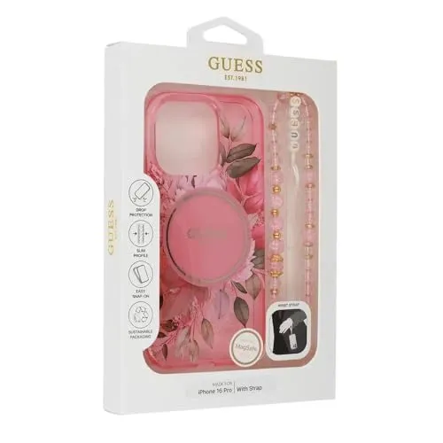 CG MOBILE Guess Magsafe IML Hartschale für iPhone 16 Pro - Standard Handyhüllen mit einzigartigem Blumen-Design und praktischem Perlenband, idealer Schutz und stilvolles Accessoire für dein iPhone 16 Pro.