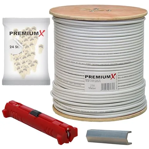 Premium X 250m Koaxialkabel 135dB - HiFi-Kabel für hochwertige Satelliten- und Kabelfernsehinstallationen, 4-fach geschirmt und inklusive 24 vergoldeten F-Steckern für eine optimale Signalübertragung.