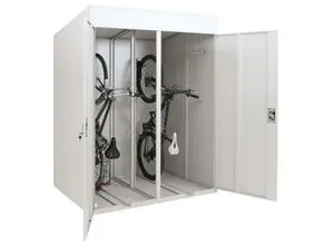 MCW Fahrradgarage Hellgrau aus Metall, 158x213x125 cm - Wetterfeste Fahrradgarage mit platzsparender Aufhängung für Fahrräder am Vorderrad. Sicher und stabil, bis 30 kg belastbar. Abschließbare Türen und praktische Hakenleisten für Zubehör bieten optimalen Schutz und Ordnung.