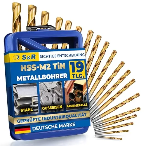 S&R Metallbohrer-Set 19-tlg, Metall Bohrerset HSS-G TiN, Präzisions Hochleistungsbohrer für Werkzeugstahl, Baustahl, Gusseisen, 1,0-10 mm, TITANIUM, DIN 1412 Schliff konisch 118 Grad