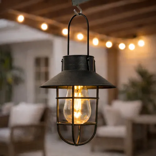 Solar Hängeleuchte Vintage Schwarz LED Filament Laterne Warmweiß Outdoor