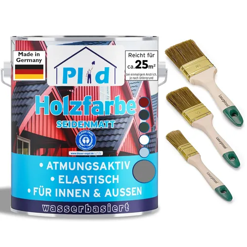 Holzfarbe 2,5l Silbergrau - Schnelltrocknend mit Pinselset - Lacke für Holz, 2,5l für ca. 25m², schnelltrocknend und ideal für schnelle Renovierungen. Inklusive 3-teiligem Pinselset für präzises Arbeiten.