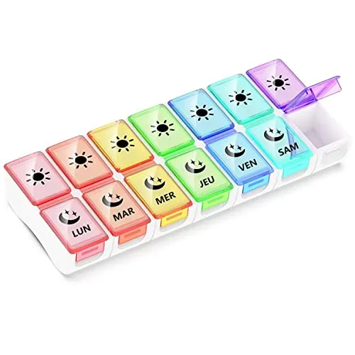 GeekerChip Französischer wöchentlicher Pillen-Organizer morgens und abends, 7-Tage-Pillen-Organizer für Medikamente, 14 Fächer, wöchentlicher 7-Tage-Pillen-Organizer, leicht zu öffnen, bunt