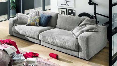 Bigsofa Loungesofa XL Seventies Cord grau 290x127 cm - Modernes Bigsofa im Seventies-Stil, gefertigt aus hochwertigem Cordstoff. Mit einer Breite von 290 cm bietet es Platz für bis zu 3 Personen und sorgt für gemütliche Stunden im Wohnzimmer.