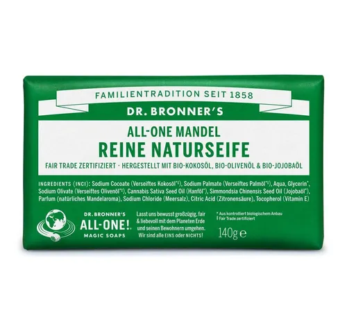 Dr-Bronner's All-One Mandel Reine Naturseife 140 g - Vegane Seife mit warmem Mandelduft, aus biologischen Ölen, sanft reinigend und pflegend für geschmeidige Haut.