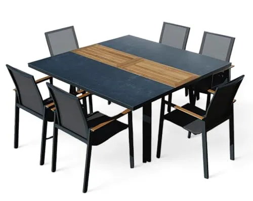 ALEOS Gartengarnitur Trinidad - Aluminium Teak Set mit Ausziehtisch und 6 Stapelstühlen - Esssets für die Terrasse: Elegante und praktische Gartengarnitur mit quadratischem Ausziehtisch (150x110cm, ausziehbar auf 150x150cm) und 6 stapelbaren Stühlen aus hochwertigem Teakholz.