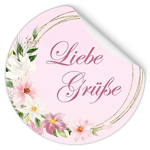 Aufkleber LIEBE GRÜßE - Blumenmotiv Rund Ø 4,5 cm, Besondere Anlässe Grüße, Motiv-Sticker 50