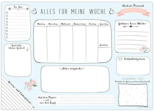 Schreibtischunterlage Papier zum Abreißen - DIN A3 (42 x 29,7 cm) Schreibunterlage aus Papier mit 25 Blatt - Papierunterlage für Kinder und Erwachsene - Abrissblock mit Wochenplaner in Blau