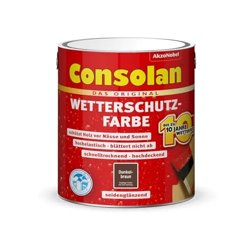 Consolan Wetterschutzfarbe für Holz, dunkelbraun, 2,5L - Grundierungen für Holz, wetterfest bis zu 10 Jahre und extrem elastisch, ideal für langlebigen Schutz und ansprechende Optik.