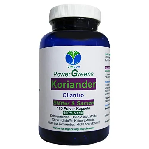 Koriander Cilantro Blätter & Samen 120 Pulver Kapseln Natur Pur KEIN Extrakt OHNE Zusatzstoffe. 26421