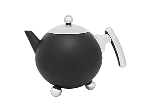 Bredemeijer Tee-Kanne Duet Bella Ronde - Doppelwandige Edelstahl-Teekanne, 1,2 l Fassungsvermögen, stilvolles mattschwarz mit chromfarbenen Beschlägen