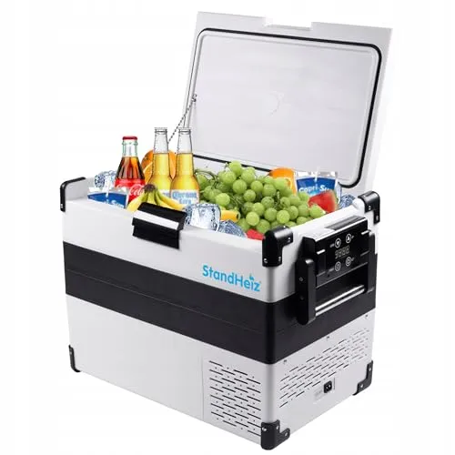 StandHeiz Tragbare Kühlbox Weiß Kompressor 42L Beste Lösung für Wohnmobile und Autos, ideal für Camping, mit Gefrierfunktion bis -20°C, betrieben mit 12V, 24V und 230V, leise und energiesparend.