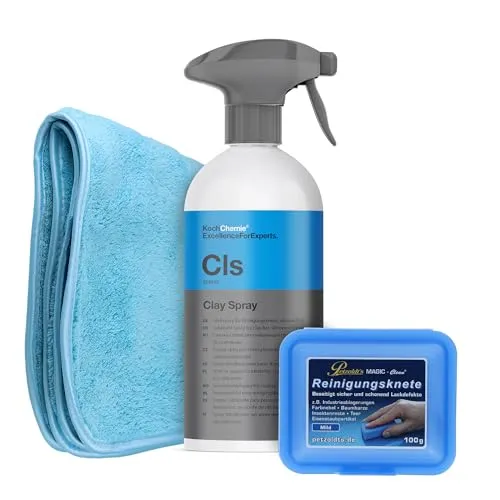 Auto Lackreinigung Set | Petzoldt's Reinigungsknete Blau + Koch Chemie Clay Spray - Reinigungsknetmasse für effektive Lackpflege: Entfernt Flugrost und Teerflecken schonend, während das Gleitmittel Kratzer minimiert. Inklusive Mikrofasertuch für optimale Ergebnisse.