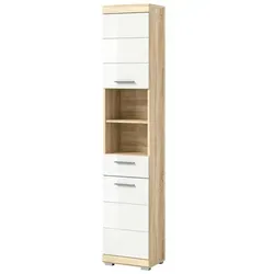 Mid.you Hochschrank in Eiche und Weiß Hochglanz - Bad-Hochschrank mit 3 Fächern und 1 Schublade, FSC Mix zertifiziert und ideal für stilvolle Badezimmer.