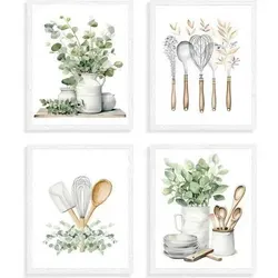 Dazzlewall Botanische Küche Wandbilder 4er Set - Campingzubehör: Hochwertige Leinwanddrucke im botanischen Design mit lebendigen Farben, perfekt für stilvolle Küchendekoration und vielseitig einsetzbar.