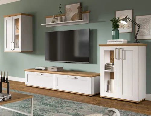 Inn.Furn Wohnwand Mirano 4-teilig in Weiß-Lärche und Eiche Artisan - Moderne Wohnwand mit viel Stauraum und flexiblen Stellmöglichkeiten. Ideal für Ihr Wohnzimmer, pflegeleicht und mit stimmungsvollem Licht.