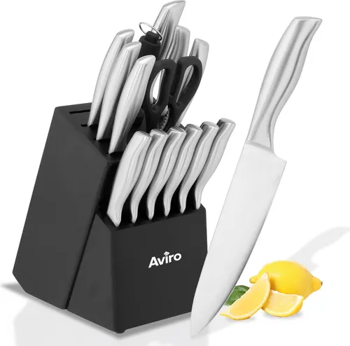 Brixy Messerset - Messerblock - 16 teilig - Mit Block, Messerschärfer und Schere - Kratzfest - Edelstahl - Silber/Schwarz