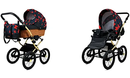 BabyLux ALU 2in1 Kinderwagen für Kleinkinder – Kinderwagen für Neugeborene und Kleinkinder – Baby Neugeborenen Kinderwagen – 59x105x125cm – Max. 15kg – Red Bow Gold Frame