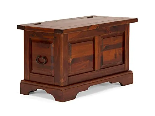 Woodkings® Holztruhe Catana - Rustikale Sitzbank aus Massivholz - Sitzbank & Truhe in einem, aus hochwertigem Pinienholz im Kolonialstil. Bietet großen Stauraum und eine sichere Arretierung des Deckels. Maße: 80x50x44 cm.