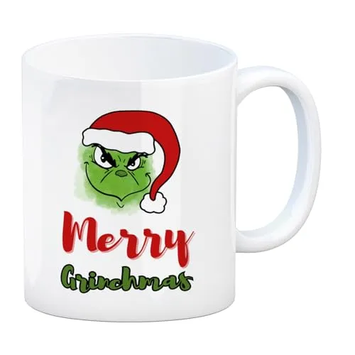 Merry Grinchmas Weihnachtsmuffel Kaffeebecher eine bunte Tasse für die Arbeit in der Weihnachtszeit lustige Weihnachtstasse Motiv Grinchen Kaffeetasse Becher mit Weihnachtsmotiv