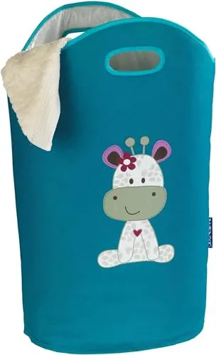WENKO Wäschesammler Kids Greta Petrol niedlicher Wäschesack mit zwei praktischen Tragegriffen mit Giraffen Aufdruck, 24 l Stauraum in einem Fach, (B x H x T): 40 x 52 x 20 cm, kindliches Motiv