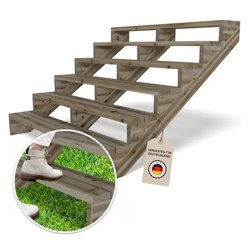 Gartenwelt Riegelsberger Terrassentreppe Breite 150 cm Treppe mit 6 Stufen Geschosshöhe 106 cm Massivholz Kiefer kesseldruckimprägniert Komplett-Set Wangen, Bohlen & Schrauben
