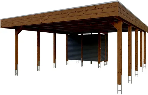 Skan Holz Carport Friesland Hybrid 557 cm x 708 cm Nussbaum - Carport mit Abstellraum, imprägniertem Nadelholz und modernem Aluminium-Trapezprofil, ideal für optimalen Witterungsschutz und hohe Stabilität.