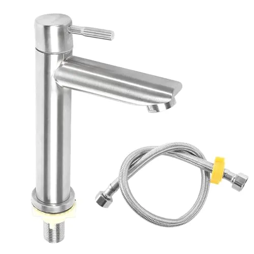 prota Kaltwasserhahn Gäste WC, Edelstahl Wasserhahn Bad, Einhebelmischer Waschbecken Armaturen Kaltwasserarmatur mit 60cm Anschlussschlauch für Badezimmer Handwaschbecken