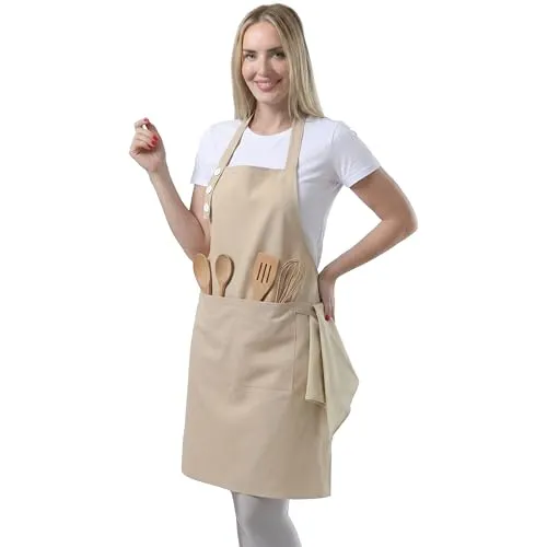 TOSHE Küchenschürze aus wasserabweisendem Baumwoll-Canvas mit verstellbaren Trägern für Frauen mit Taschen Küchenschürze, Beige, One size