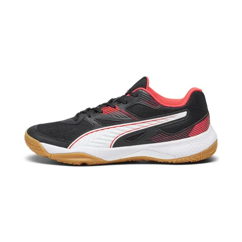 PUMA Unisex Solarflash II Indoor-Pumps, Schwarz/Feuerorchidee/Weiß/Gummi Rot, 45 EU - Leichte Indoor-Pumps mit atmungsaktivem Ventmesh+ für hohen Tragekomfort. Das Stabilitätsskelett sorgt für optimale Unterstützung, während die innovative Dämpfungstechnologie für ein angenehmes Laufgefühl sorgt.