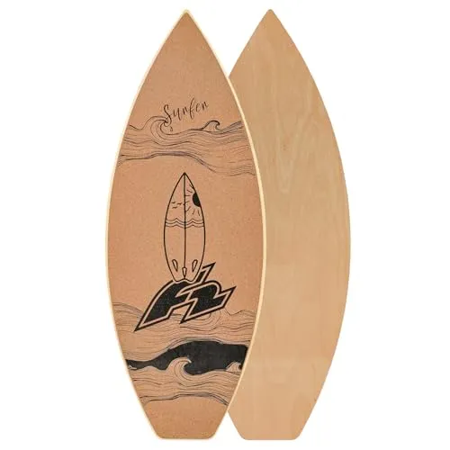 F2 Kork Balance Board Surf 74x30cm - Balanceboard aus nachhaltigem Kork und 7-lagigem Birkenholz, ideal für sicheres Barfuß-Training – inklusive Korkrolle für sofortigen Einsatz. Perfekt für Balance-, Koordinations- und Core-Training.