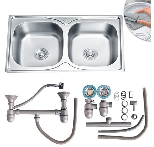 Mucola Einbauspüle Doppelspülbecken Edelstahlspüle 80/50 cm - Sanitäranlagen & Zubehör – Hochwertige Edelstahlspüle mit 2 Becken und umfangreichem Zubehör für optimale Funktionalität in Ihrer Küche.