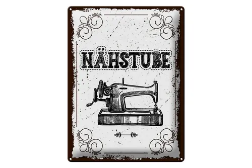 Femer GmbH Metallschild Hinweis 30x40 cm Retro Nähstube Nähmaschine, (1 St), gewölbte Oberfläche, abgerundete Ecken, umgeschlagene Kanten