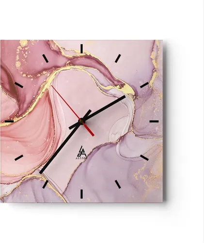 Wanduhr - Quadrat - Glasuhr - Abstraktion Marmor Rosa - 30x30cm - Schleichendes Uhrwerk - Lautlos - zum Aufhängen bereit - Dekoration Modern - Wanddekoration aus Glas - C3AC30x30-4528