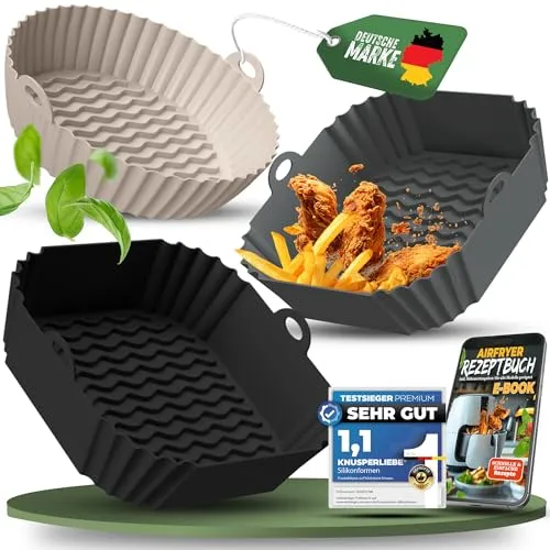 KNUSPERLIEBE® 3er SET Silikonform für Heißluftfritteuse Zubehör | Silikoneinsatz für Airfryer, Spülmaschinen geeignet, BPA-FREI, Air fryer, ab 3,7L für Ninja Double Stack, Philips, Cosori, Tefal uvm.