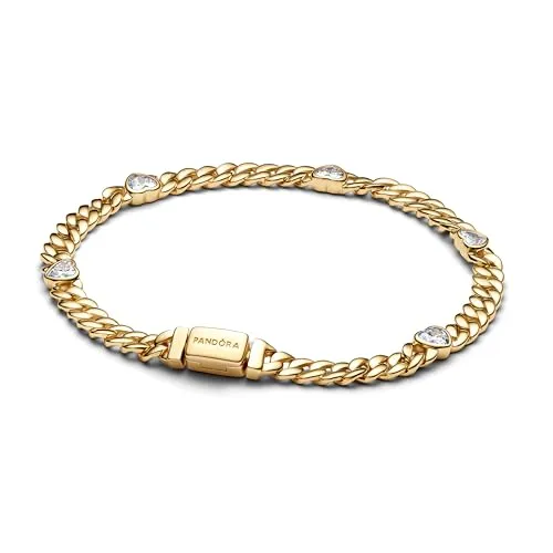PANDORA Timeless Herz Cuban-Gliederarmband - Armband für Damen aus 14 Karat vergoldeter Metalllegierung mit Zirkonia, handgefertigt und ideal für einen glamourösen Look.