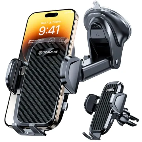 Topmake Smartphone Halter Auto Handy Halter Gel Saugnapf/Clip 2-in-1 Handy Halter Auto Klimaanlage Sockel 360 Grad Drehteleskoparm passend für 52mm bis 95mm breite Handys