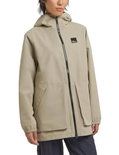 Jack Wolfskin Damen TERRAVIEW 2L W Parka, Stone, XS - Damen-Mantel mit wasserdichter Beschichtung (20.000mm), ideal für jedes Wetter, ausgestattet mit verstellbarer Kapuze und mehreren Taschen für optimalen Komfort.