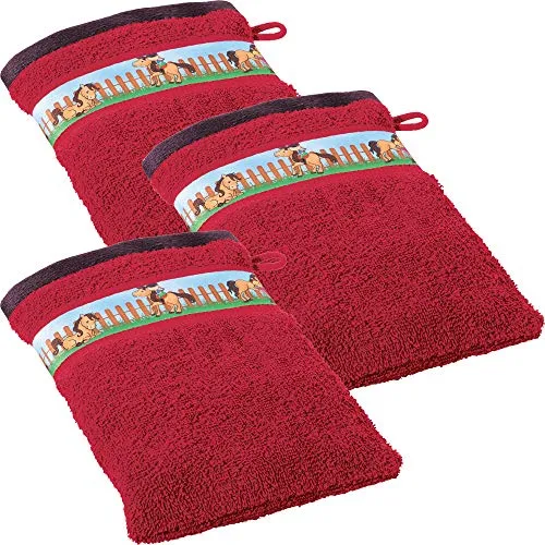 Erwin Müller %Marke% Kinder-Waschhandschuh, Waschlappen 3er- Pack Frottier%Farbe% Größe%Größe% - mit Pferdemotiv auf Bordüre, weich, hautfreundlich, 100% Baumwolle