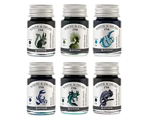 Octopus Write and Draw Ink Set RIVER, wasserfeste Tinte zum Schreiben und Zeichnen, Kalligraphietinte, Zeichentusche für Füllhalter, 6x10 ml