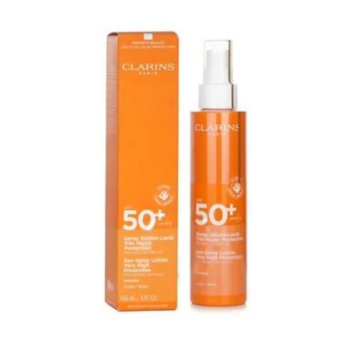 CLARINS Spray Solaire Lacté Très Haute Protection SPF 50+ - Wasserfeste Sonnenpflege mit sehr hohem Schutz, ideal für Outdoor-Aktivitäten. Spendet Feuchtigkeit und schützt die Haut vor lichtbedingter Alterung.