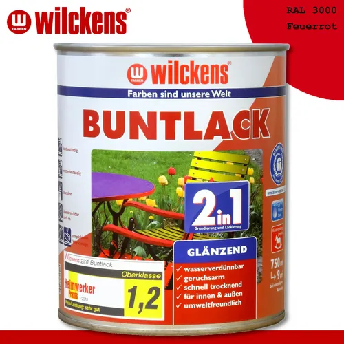 Wilckens Lackfarbe 2 in 1, Buntlack, feuerrot RAL 3000, 0,75l - Holzschutz Grundierungen, hochdeckend und schnelltrocknend, ideal für Innen- und Außenanwendungen auf Holz, Metall und Kunststoff.