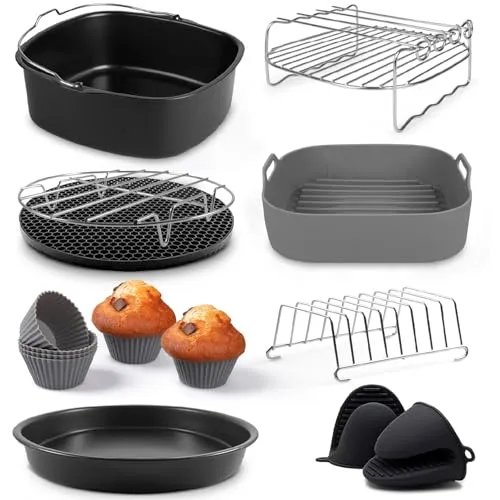 Fentic Heißluftfritteuse Zubehör – 19-Teiliges Set für XL und XXL Air Fryer - Kompaktfriteusen Zubehörset mit 19 Teilen, inklusive Silikonform und Rezeptbuch. Ideal für die Zubereitung von Spießen, Muffins und Pizzen – für alle XL- und XXL-Modelle geeignet.
