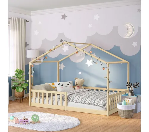 Bellabino Kinderbett Bia 120x200 cm - Hausbett mit Rausfallschutz - Kleinkindbett aus robustem Kiefernholz, ideal für selbstständiges Ein- und Aussteigen. Das kreative Design in Hausform fördert die Fantasie und sorgt für Sicherheit.