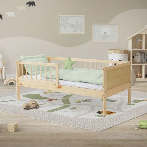 ML-DESIGN Kinderbett Bodenbett Juniorbett mit Rausfallschutz - Einzelbett für Kinder und Jugendliche, stabiler Bettrahmen aus MDF/Kiefer in Natur, inkl. Lattenrost für optimalen Schlafkomfort.